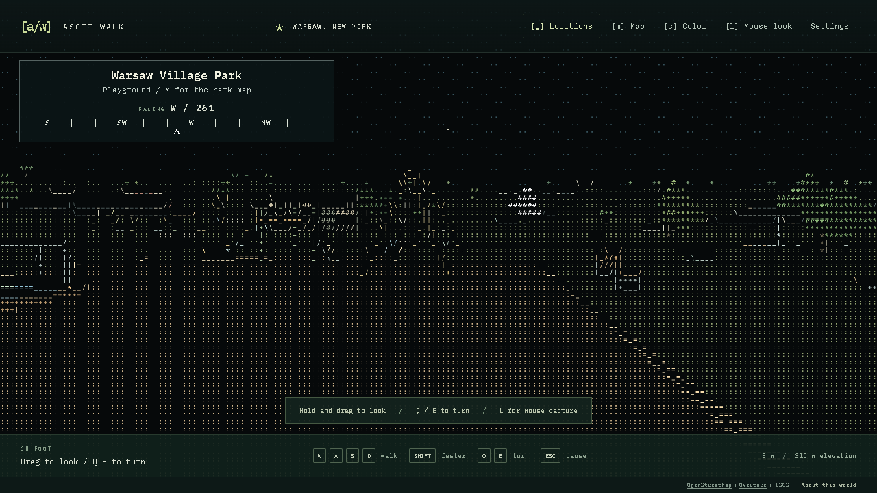 Village Park in ASCII, showing playground equipment and nearby recreation facilities